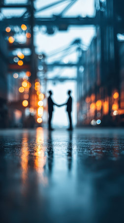 Two silhouettes engage in a handshake surrounded by a softly lit warehouse. The blurred background creates an atmospheric vibe, symbolizing partnership and collaboration.の素材