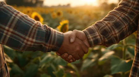 Two farmers engage in a handshake in a vibrant sunflower field as the sun sets, symbolizing partnership, trust, and collaboration in agriculture.の素材