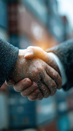 A close-up of a business handshake symbolizes partnership and collaboration, set against a digital background representing modern technology and connectivity.の素材