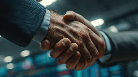 A close-up image capturing a handshake between two businessmen, symbolizing trust and collaboration in a modern office setting, highlighting partnership and success.の素材
