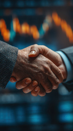 A close-up of a handshake symbolizes partnership and trust in a corporate environment. The blurred financial chart in the background enhances the theme of business collaboration and success.の素材