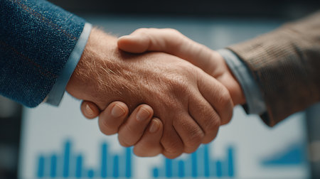 Close-up of a business handshake between two professionals in a corporate setting, symbolizing agreement, trust, and partnership in the world of commerce.の素材