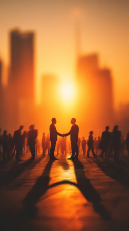 Two businessmen shake hands at sunset, with silhouettes against a vibrant urban skyline. A scene radiating cooperation, warmth, and connection.の素材