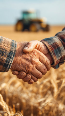 Two weathered hands shake firmly in a golden wheat field with a tractor in the background, symbolizing collaboration and trust in agriculture.の素材