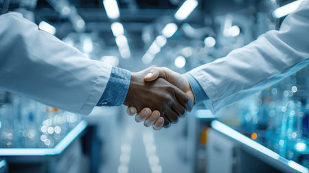 A close-up image depicting the handshake between two scientists in a laboratory, symbolizing collaboration and commitment to scientific advancement and diversity.の素材