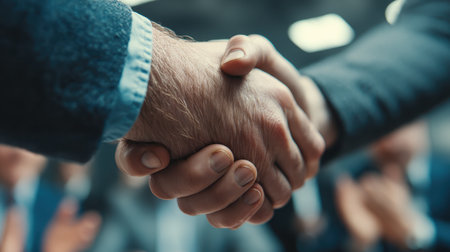 A close-up view of a handshake between two individuals symbolizing agreement and partnership in a professional setting, reflecting success and teamwork.の素材