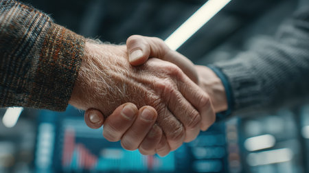 Close-up view of two hands shaking, symbolizing partnership and trust in a professional business setting with financial charts in the background.の素材