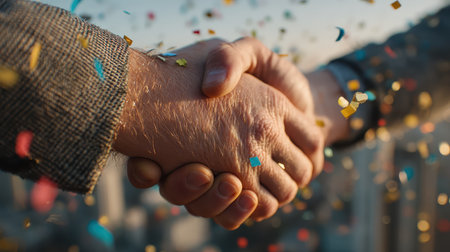 A close-up of two hands shaking symbolizes collaboration and agreement. Colorful confetti adds joy, highlighting a moment of success and partnership in a vibrant setting.の素材