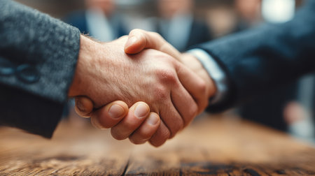Close-up of a firm handshake symbolizing partnership and trust in a business meeting. The image captures a moment of agreement and collaboration, highlighting professionalism.の素材