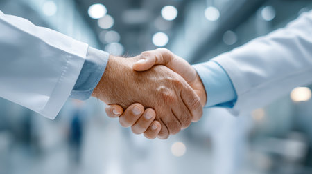 Two healthcare professionals perform a handshake, symbolizing partnership and collaboration within a modern medical facility filled with professionals.の素材