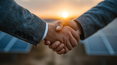 Two hands are shaking at sunset with solar panels in the background, representing collaboration in renewable energy and sustainable business practices.の素材