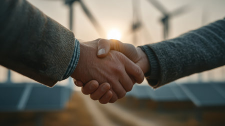 Two hands shake in front of wind turbines and solar panels, symbolizing a partnership in renewable energy. This image captures the spirit of collaboration for a sustainable future.の素材