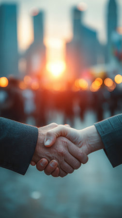 A close-up of a handshake symbolizes agreement and partnership amidst an urban skyline at sunset. This image conveys trust, collaboration, and professional relations.の素材