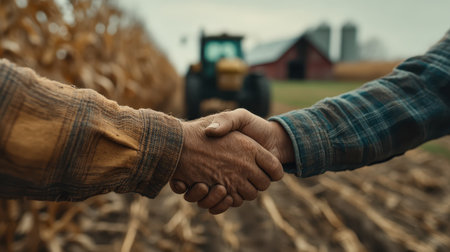 A close-up of two farmers shaking hands in a cornfield, symbolizing trust and collaboration in agriculture, set against a rural backdrop of a farm and tractor.の素材