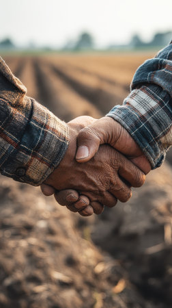 This image captures two hands engaging in a firm handshake in a field, symbolizing trust, teamwork, and cooperation within the farming community.の素材