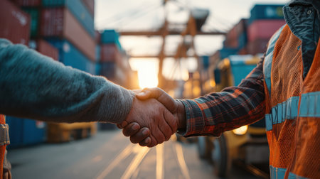 Two workers in safety gear shake hands in a shipping yard at sunset, symbolizing unity and collaboration in the logistics industry.の素材