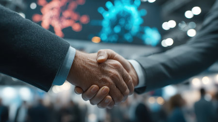 Close-up of a professional handshake representing trust and agreement between two individuals. The background features colorful abstract designs, conveying a sense of innovation and collaboration.の素材