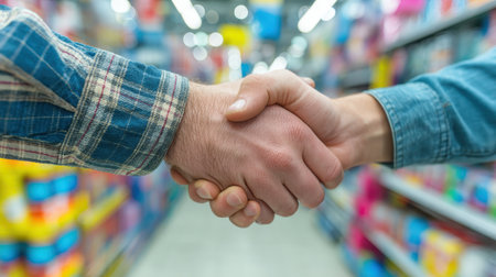 Two hands engage in a firm handshake in a vibrant retail store, symbolizing a successful business agreement and mutual respect between partners.の素材