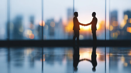 Two silhouetted businessmen shake hands in a modern office, with a stunning city skyline glowing in the background. This image captures teamwork and success.の素材