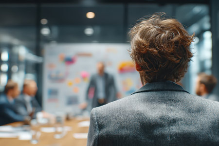 A professional business meeting showcasing a presenter engaging an attentive audience, promoting collaboration and innovative thinking in a corporate setting.の素材