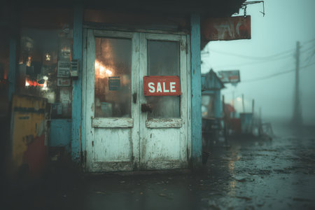 A weathered storefront with a prominent sale sign stands in a foggy environment. The atmosphere encapsulates themes of abandonment and nostalgia, evoking a sense of mystery.の素材