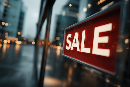 A vibrant sale sign displayed on a glass storefront in an urban setting, highlighting discounts and promotions during the evening hours with blurred city lights in the background.の素材