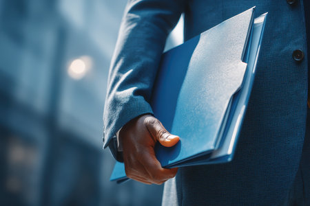 A business professional stands confidently holding a blue folder in an urban setting, symbolizing organization and success. Ideal for corporate themes.の素材
