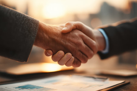 A close-up of two hands shaking over business documents during sunset, symbolizing trust and partnership. Ideal for themes of cooperation and success in business.の素材