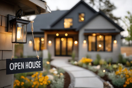 A beautifully designed home exterior featuring an open house sign, vibrant flowers, and inviting lighting. Perfect for showcasing real estate offerings.の素材