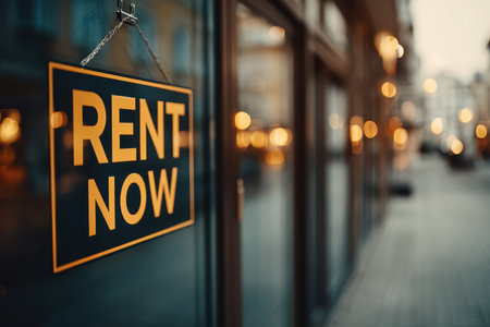 A striking "Rent Now" sign hangs prominently in an urban setting, capturing attention with its bold colors against a blurred, lively background of evening lights.の素材