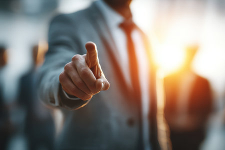 A businessman confidently points forward in a professional setting with blurred figures behind, symbolizing leadership and communication in a dynamic work environment.の素材