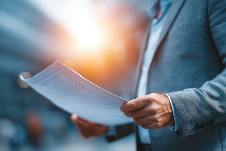A business professional holds a document outdoors in a city environment, with sunlight casting a warm glow. This image captures the essence of corporate success and determination.の素材