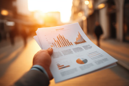 A person holds a business report featuring various charts and graphs in an urban setting, showcasing data analysis and presentation in a professional context.の素材