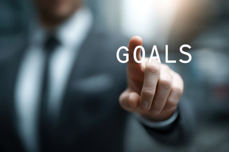 A businessman in a suit points towards the word "GOALS," symbolizing ambition and focus. This image captures a moment of motivation and aspiration in a modern office environment.の素材