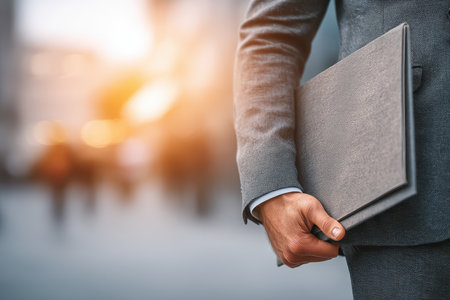 A businessman in formal attire holds a folder while walking through a busy city street during sunset. The image captures professionalism and urban life.の素材