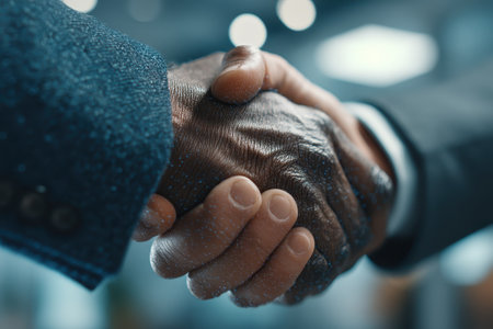 Close-up view of two diverse hands shaking in a modern professional environment, symbolizing trust and collaboration in business relationships.の素材