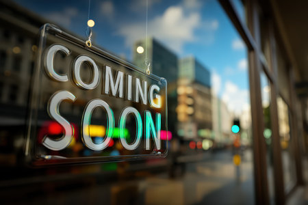 A clear glass signboard reading "Coming Soon" hangs in a city storefront. The urban backdrop and reflections create a vibrant, anticipatory atmosphere.の素材
