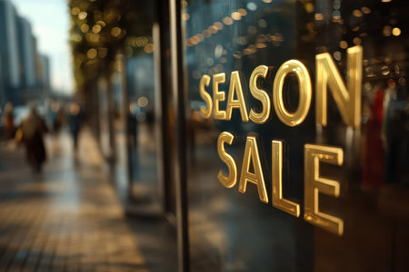 A close-up of golden lettering announcing a seasonal sale on a store window. The background features a bustling urban shopping scene, emphasizing consumer excitement.の素材