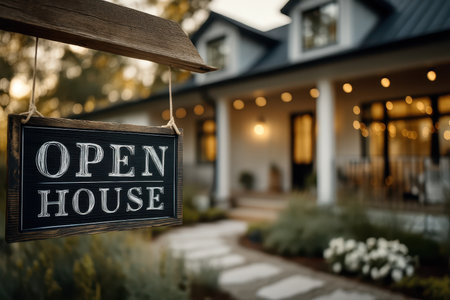 A welcoming open house sign hangs in front of a beautifully designed modern home, creating a warm and inviting atmosphere perfect for real estate viewings.の素材
