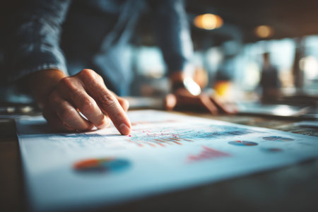 A business professional analyzes charts and graphs in a modern office setting, highlighting the importance of data-driven decisions for effective project management.の素材