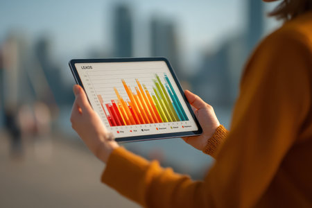 A person interacts with a tablet featuring a vibrant data visualization in an urban environment. The setting highlights modern business analytics and technology.の素材