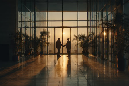 A captivating silhouette of two business partners shaking hands against a stunning sunset, surrounded by a modern glass office setting, symbolizing partnership and success.の素材