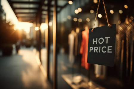 A captivating storefront features a hanging 'Hot Price' tag during sunset. The urban backdrop enhances the shopping experience, highlighting fashion offerings.の素材