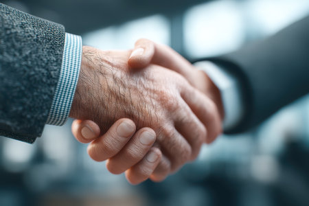 This close-up image shows a handshake between two individuals in a corporate environment, symbolizing agreement and partnership. The moment captures trust and collaboration essential in professional interactions.の素材