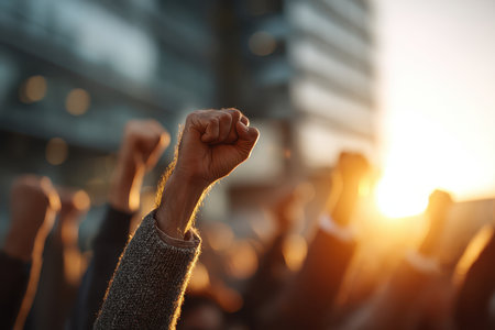 A powerful scene of raised fists at an evening protest, symbolizing unity and activism. The backdrop showcases a modern urban setting, highlighting collective strength and determination for social change.の素材