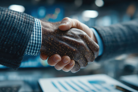 Close-up of two hands shaking to signify a business partnership, featuring digital overlay effects that represent growth, trust, and collaboration in a professional environment.の素材