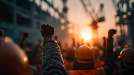 A group of construction workers raises their fists in celebration during sunset, symbolizing unity and success in their challenging work environment.の素材