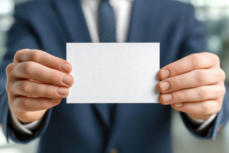 A well-dressed professional man presents a blank white business card, perfect for creating customized branding or marketing materials. Ideal for corporate use.の素材