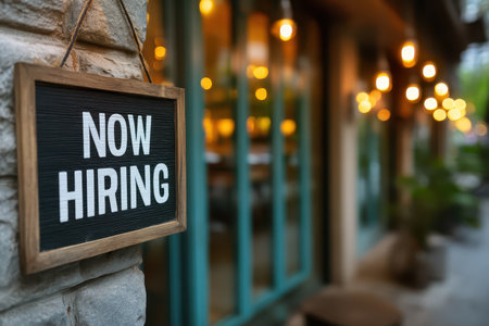 A close-up of a "Now Hiring" sign hanging at a charming business entrance. The warm lighting and decorative elements create an inviting atmosphere for job seekers.の素材