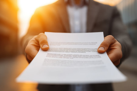 A man in a suit presents a document outdoors during sunset, emphasizing communication and professionalism. The warm light enhances the moment of exchange.の素材